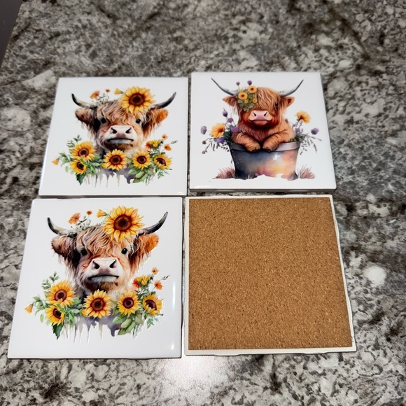 Floral Highland Cow Coasters - Picture 3 of 3